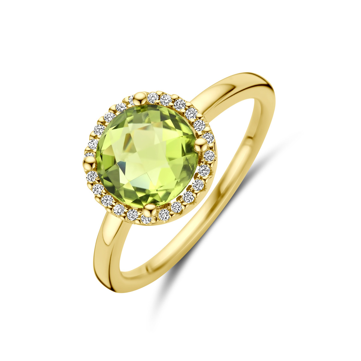 Gouden ring met groene peridoot en diamanten van 0.09 crt