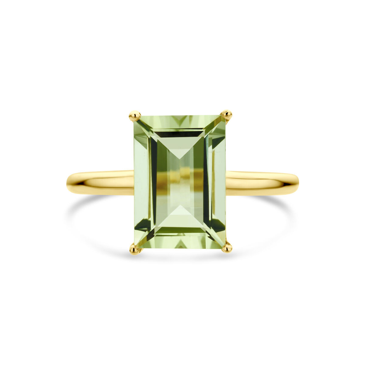 Gouden ring met groene rechthoekige amethist 7.5 mm x 11 mm
