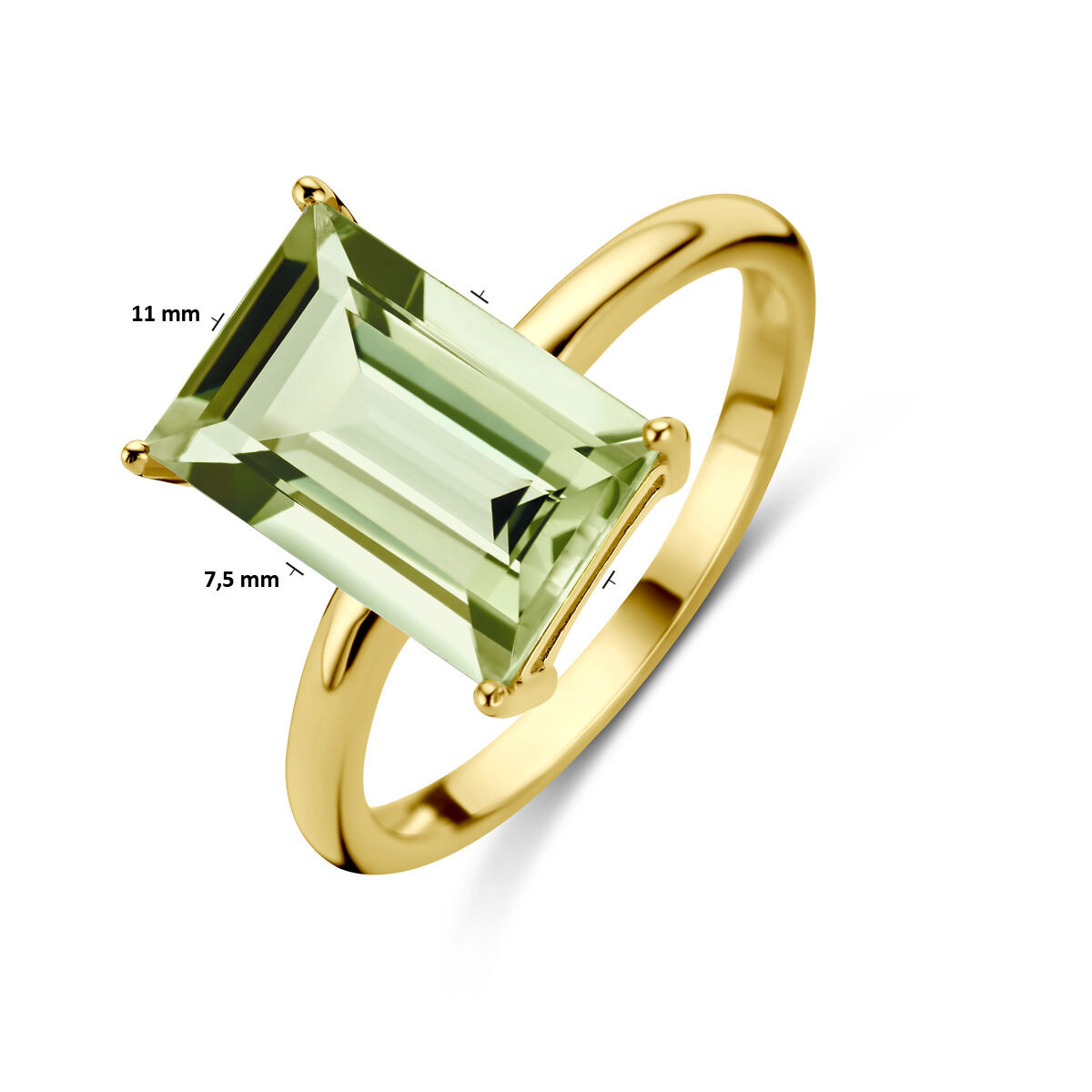 Gouden ring met groene rechthoekige amethist 7.5 mm x 11 mm
