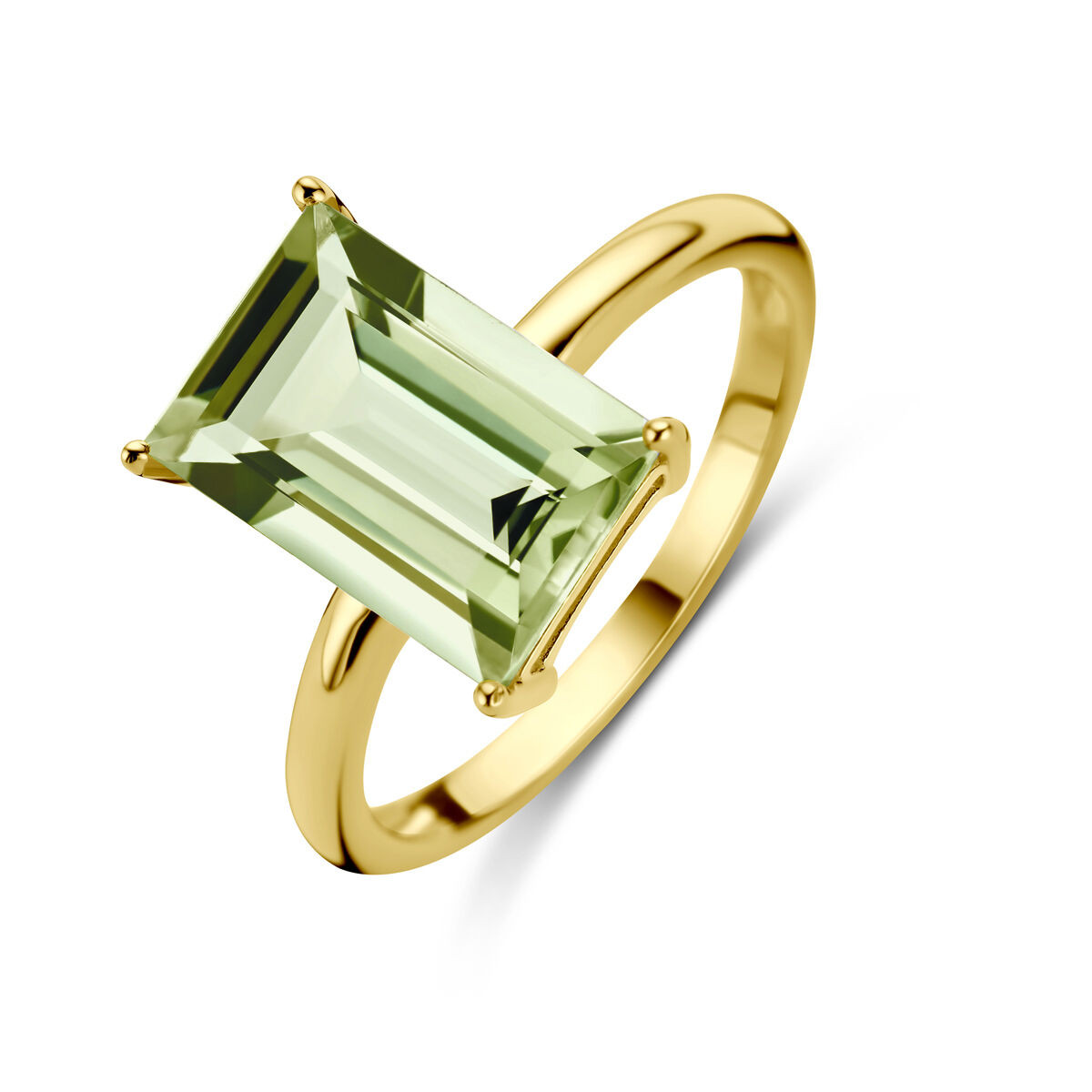 Gouden ring met groene rechthoekige amethist 7.5 mm x 11 mm