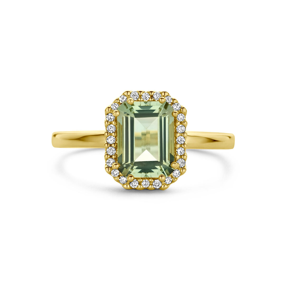 Gouden ring met groene rechthoekige halo amethist en 0.10 crt diamant