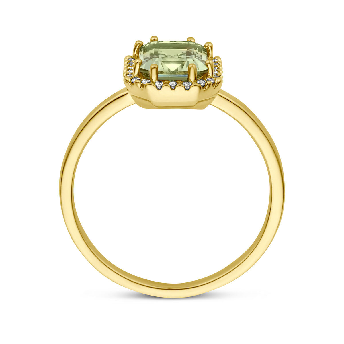 Gouden ring met groene rechthoekige halo amethist en 0.10 crt diamant