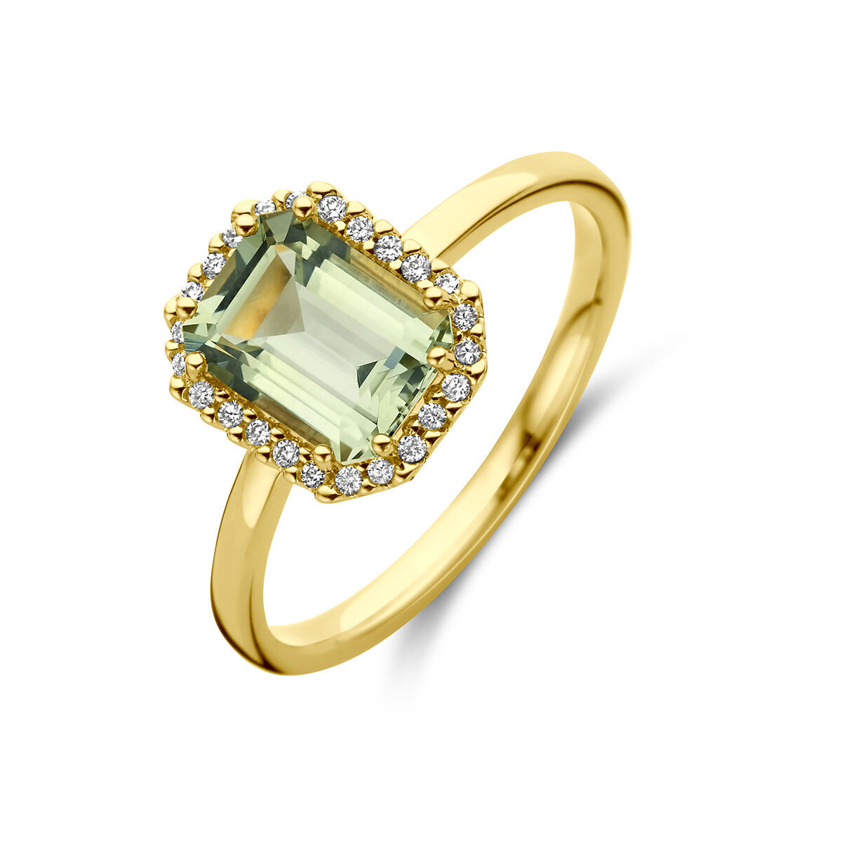 Gouden ring met groene rechthoekige halo amethist en 0.10 crt diamant