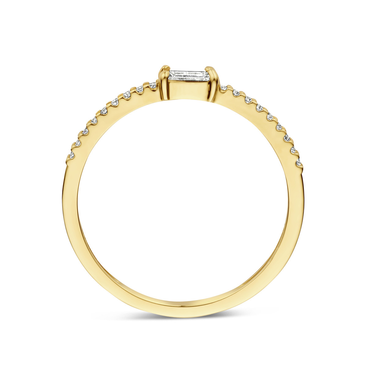 Gouden ring met rechthoekige transparante zirkonia en zirkonia band 3 mm breed