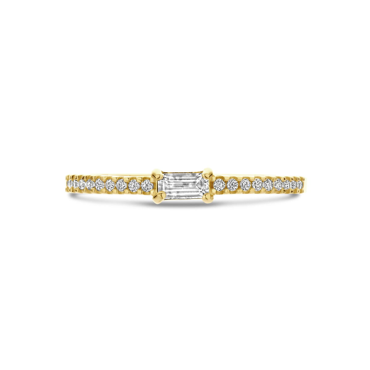 Gouden ring met rechthoekige transparante zirkonia en zirkonia band 3 mm breed