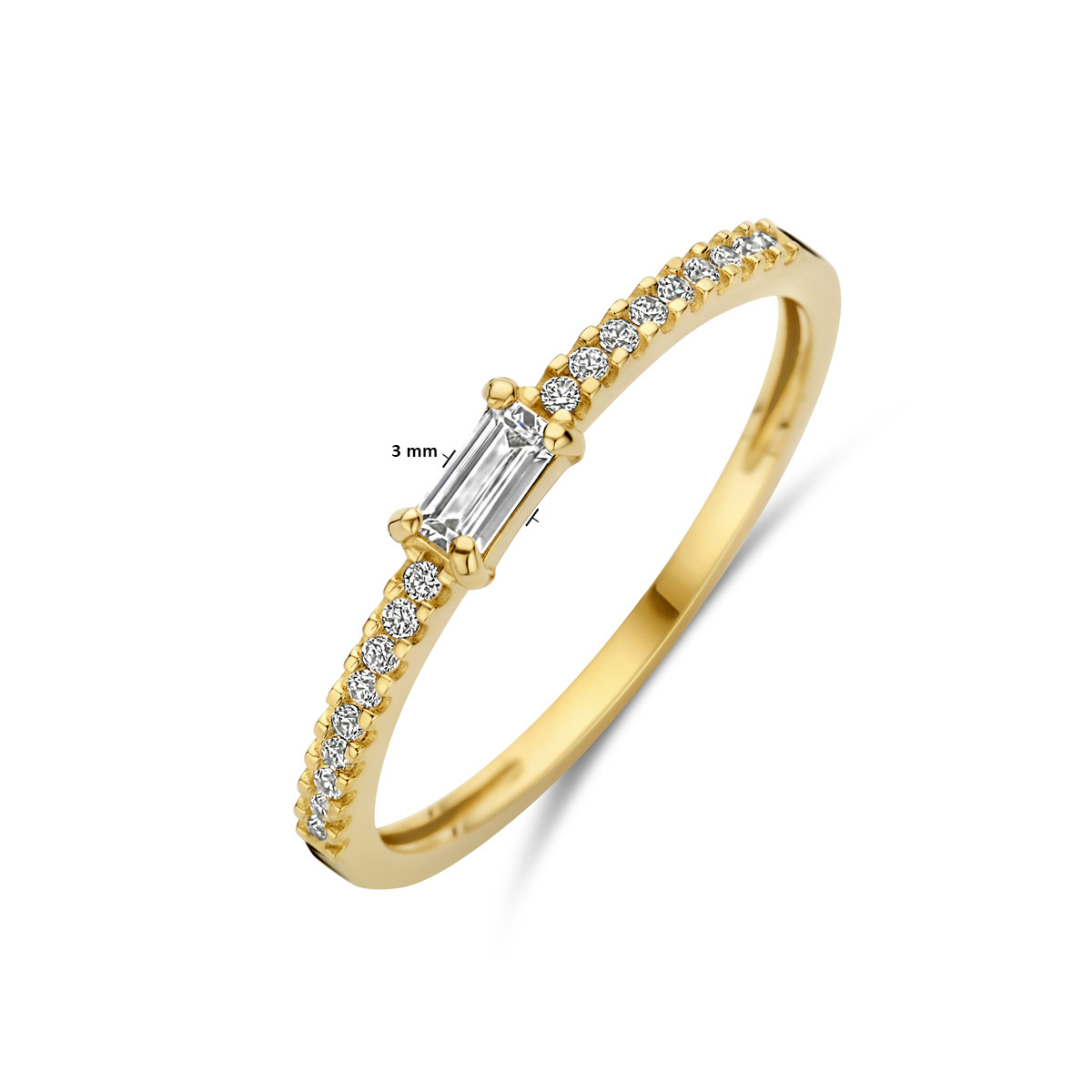 Gouden ring met rechthoekige transparante zirkonia en zirkonia band 3 mm breed