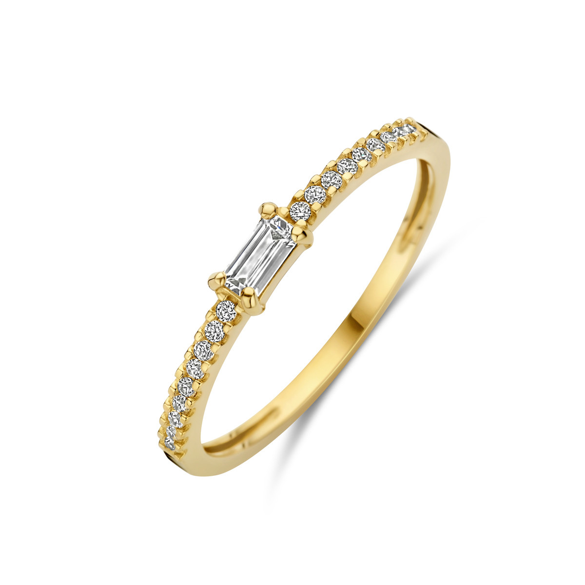 Gouden ring met rechthoekige transparante zirkonia en zirkonia band 3 mm breed