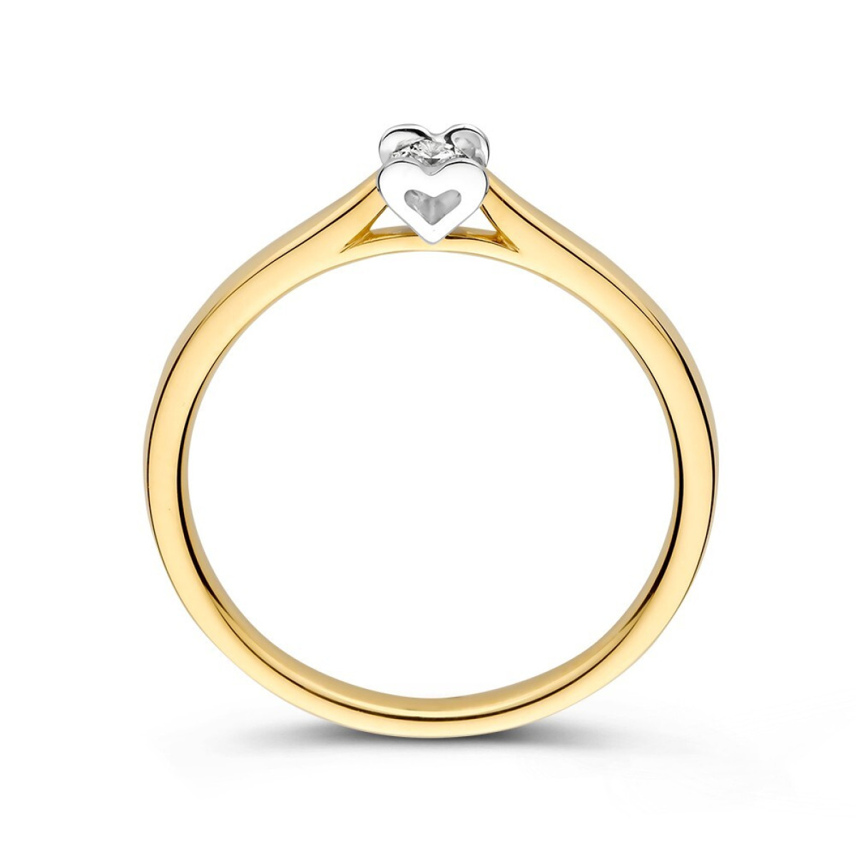 Gouden ring met ronde diamant 0.12 crt in witgouden hartjes zetting