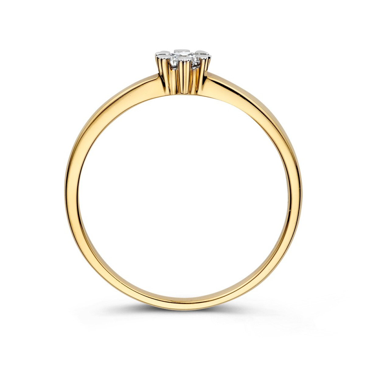 Gouden ring met solitaire diamant 0.12 crt in witgouden hartjes zetting