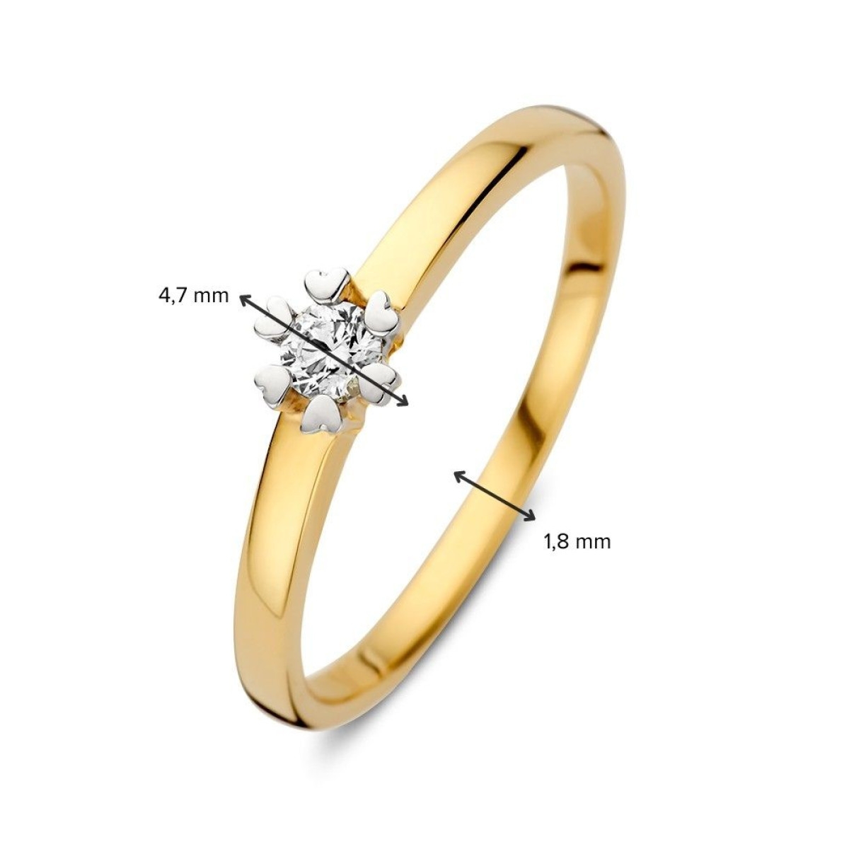 Gouden ring met solitaire diamant 0.12 crt in witgouden hartjes zetting