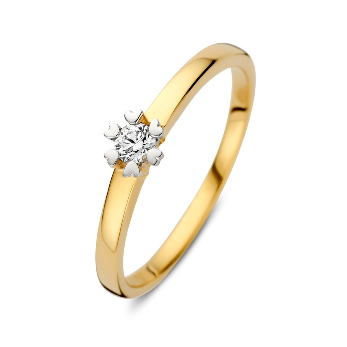Gouden ring met solitaire diamant 0.12 crt in witgouden hartjes zetting