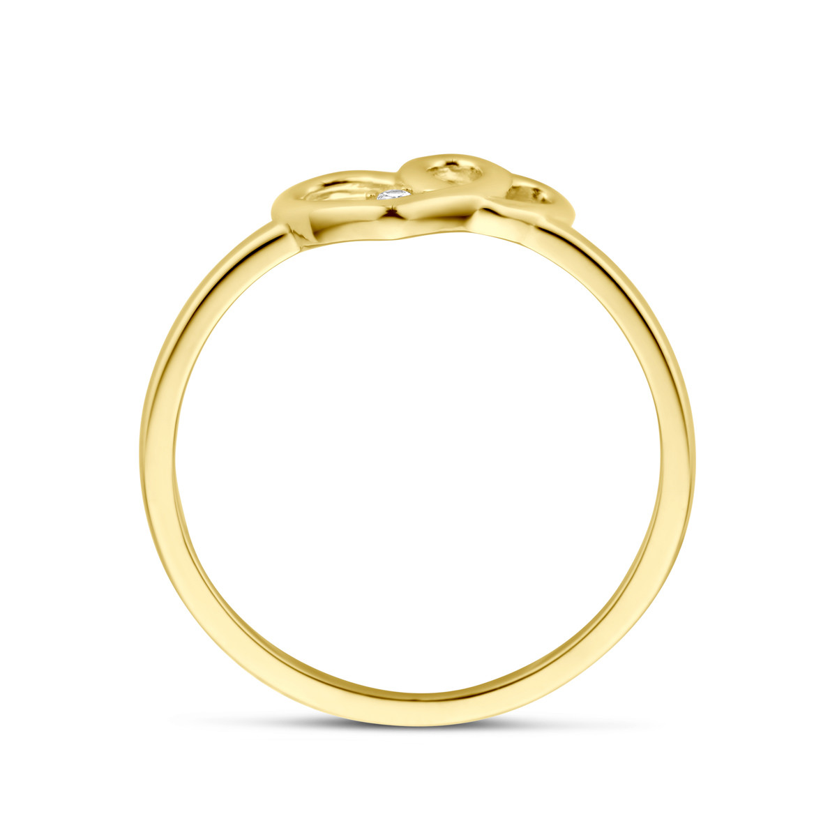 Gouden ring met twee in elkaar gekrulde hartjes en zirkonia