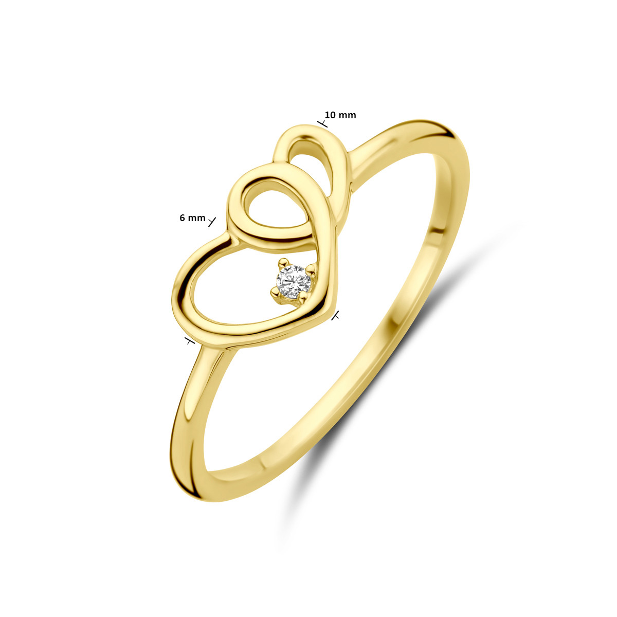 Gouden ring met twee in elkaar gekrulde hartjes en zirkonia