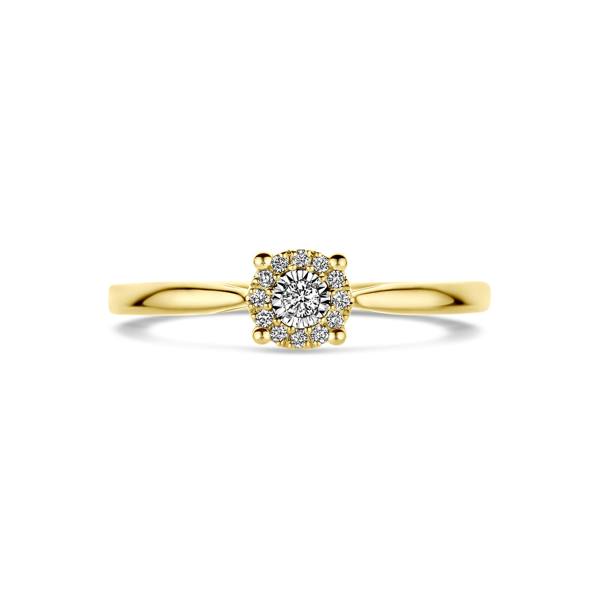 Gouden ronde halo ring met diamanten 0.07 briljant geslepen 5 mm breed
