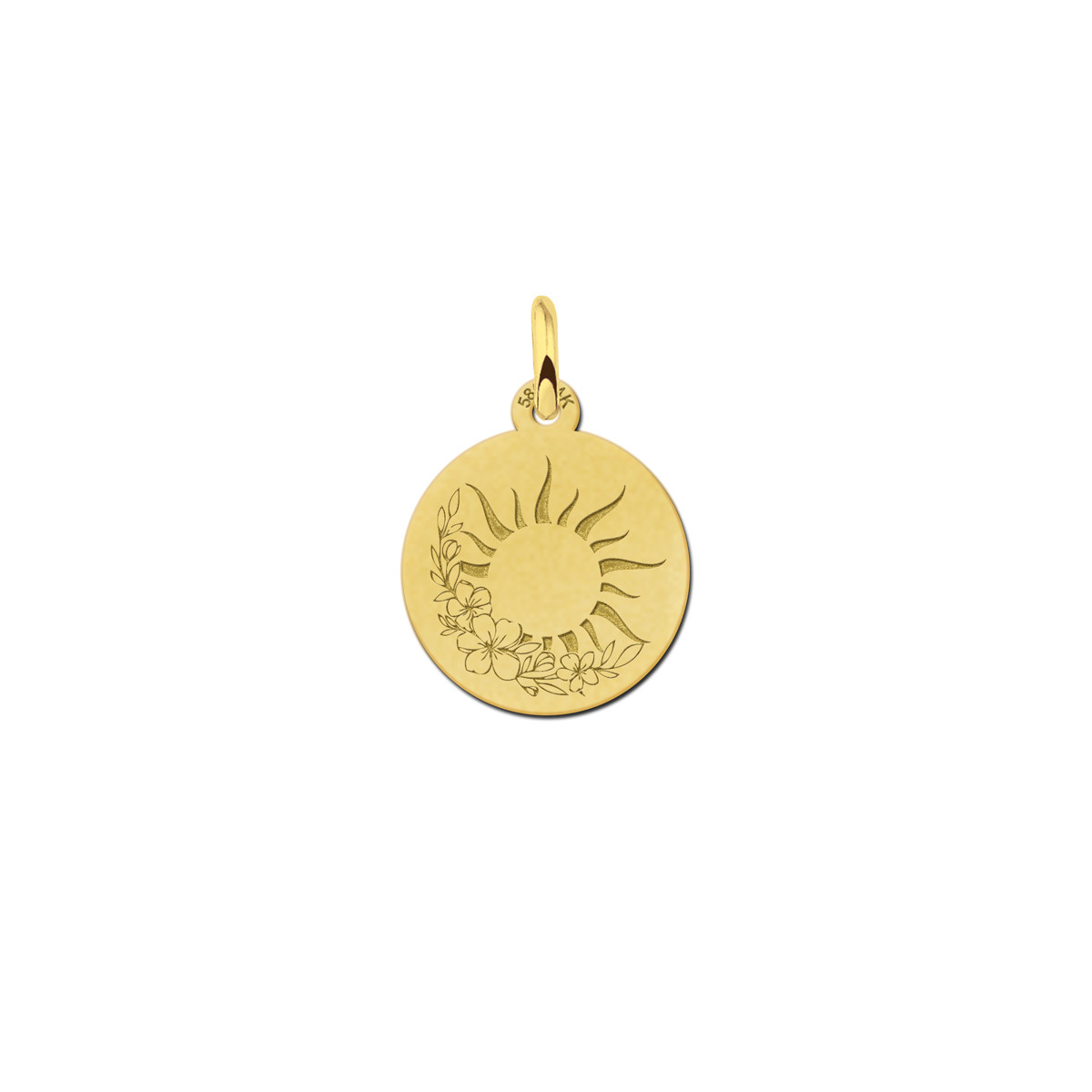 Gouden ronde hanger met een zon en bloemen