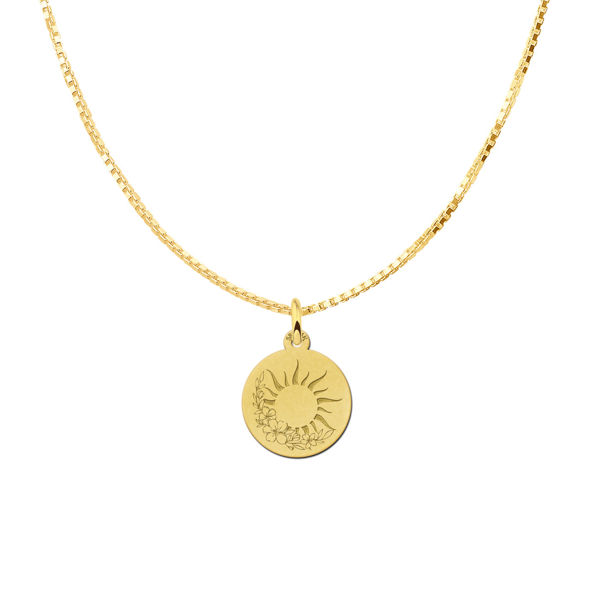 Gouden ronde hanger met een zon en bloemen