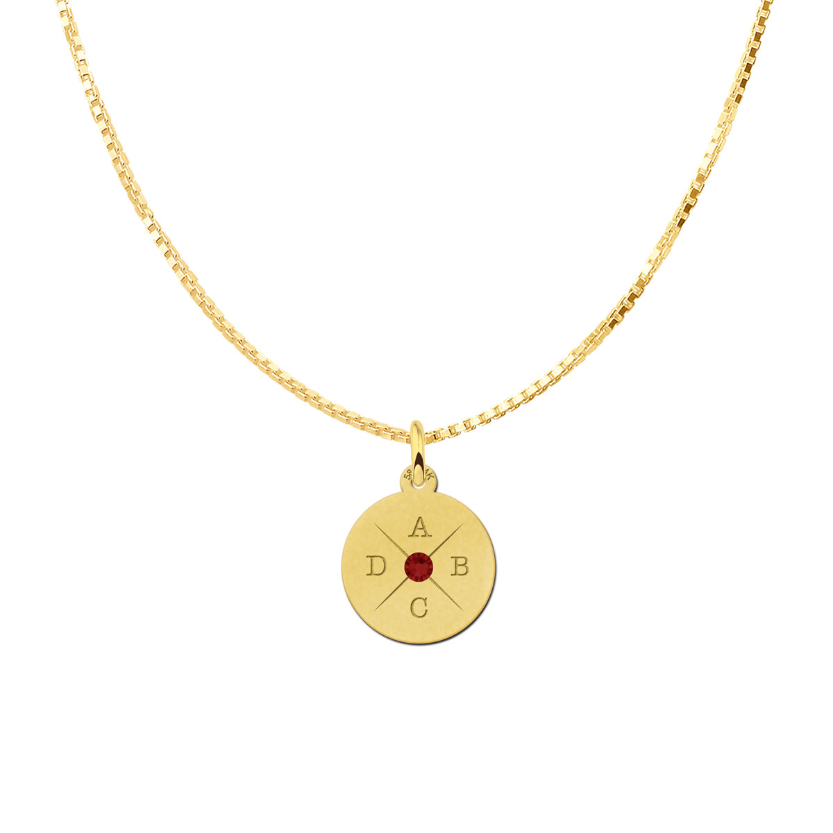 Gouden ronde hanger met initialen en kleursteen - Diameter 15 mm