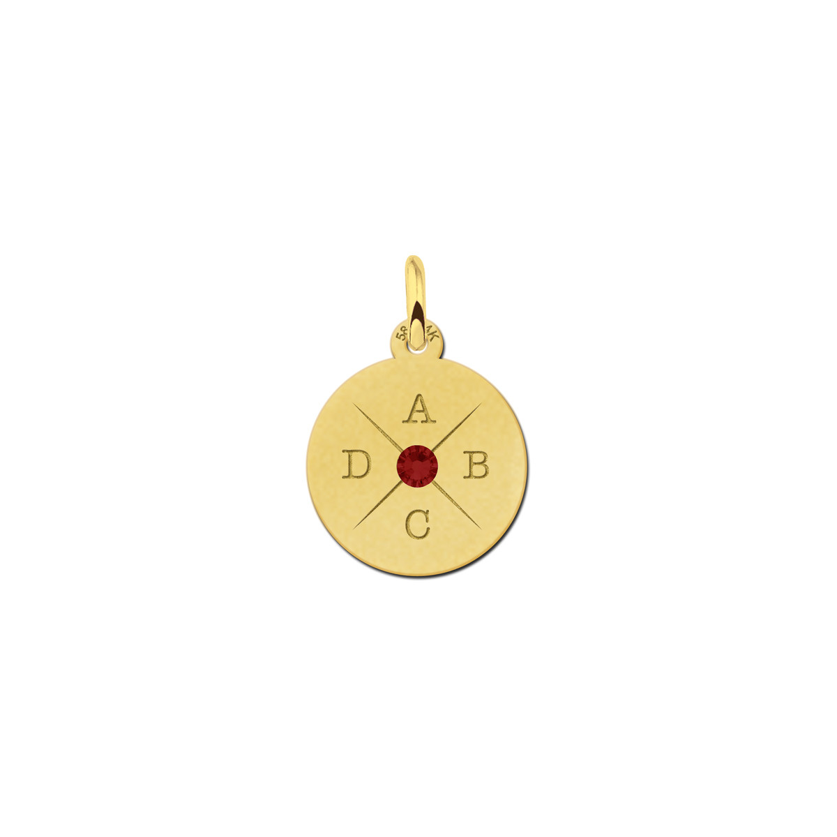 Gouden ronde hanger met initialen en kleursteen - Diameter 15 mm