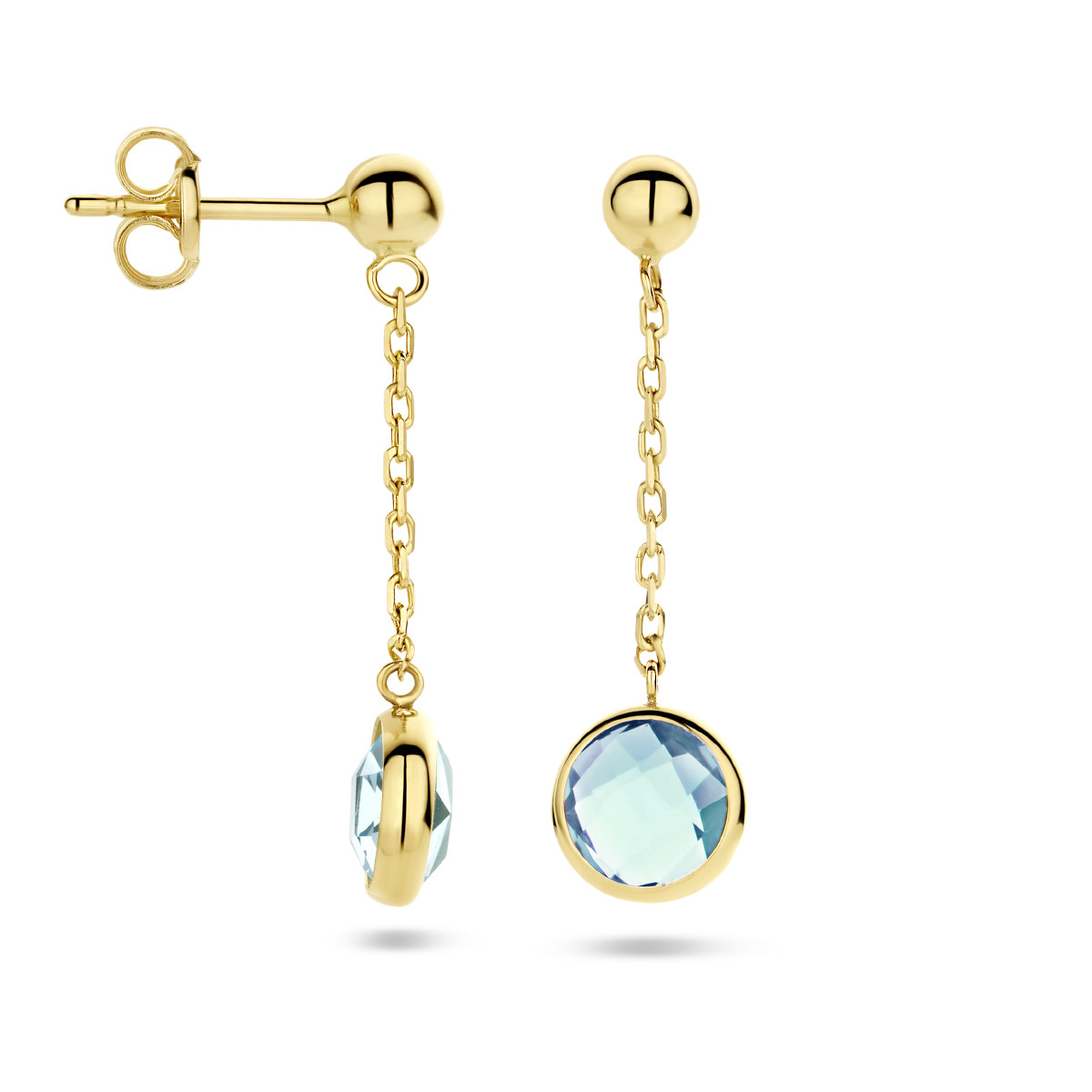 Gouden ronde oorhangers met schakel en ronde lichtblauwe topaas - 6.5 mm x 24 mm