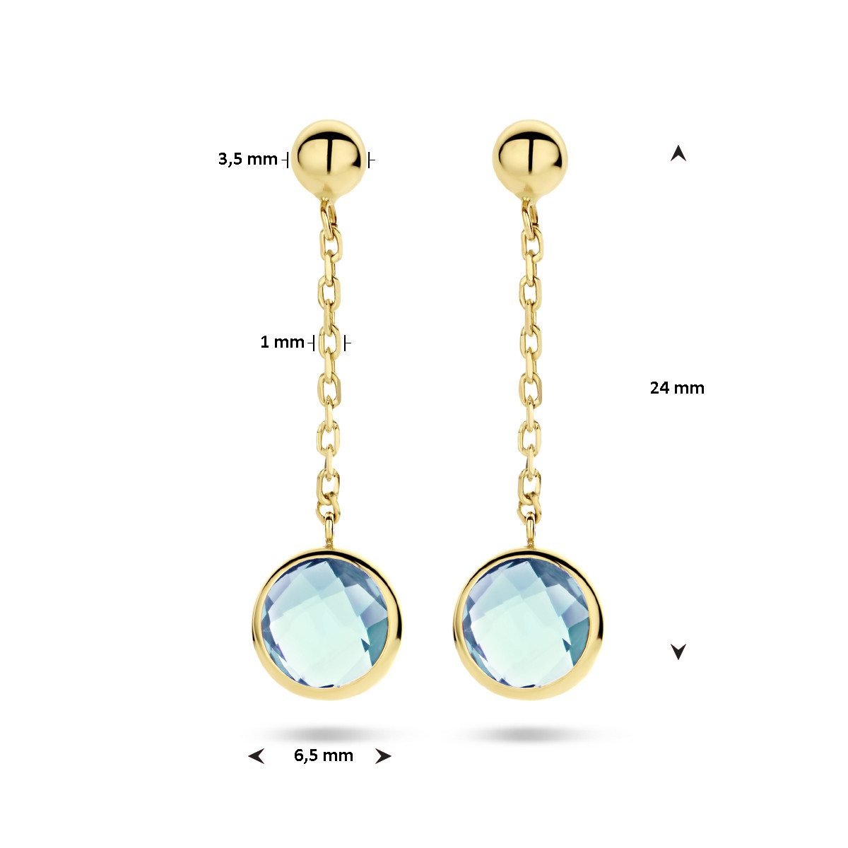 Gouden ronde oorhangers met schakel en ronde lichtblauwe topaas - 6.5 mm x 24 mm