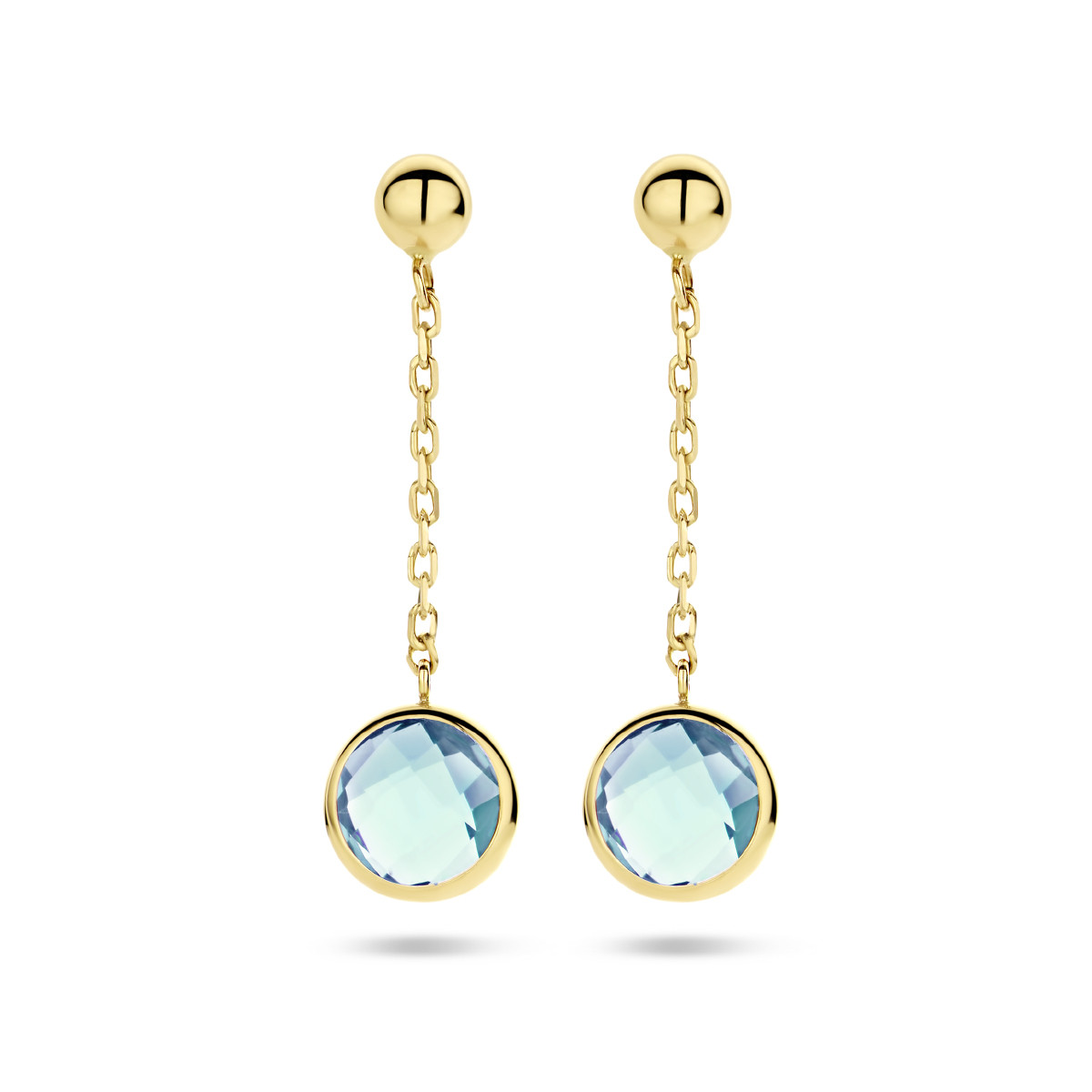 Gouden ronde oorhangers met schakel en ronde lichtblauwe topaas - 6.5 mm x 24 mm