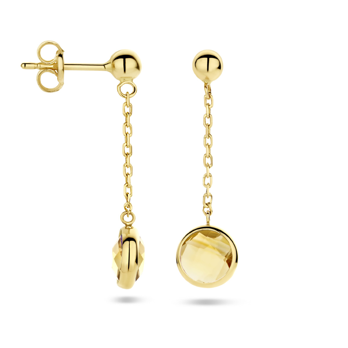 Gouden ronde oorhangers met schakel en ronde oranje citrien - 6.5 mm x 24 mm