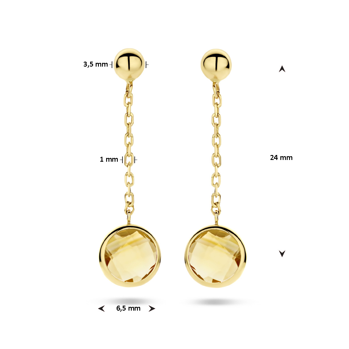 Gouden ronde oorhangers met schakel en ronde oranje citrien - 6.5 mm x 24 mm