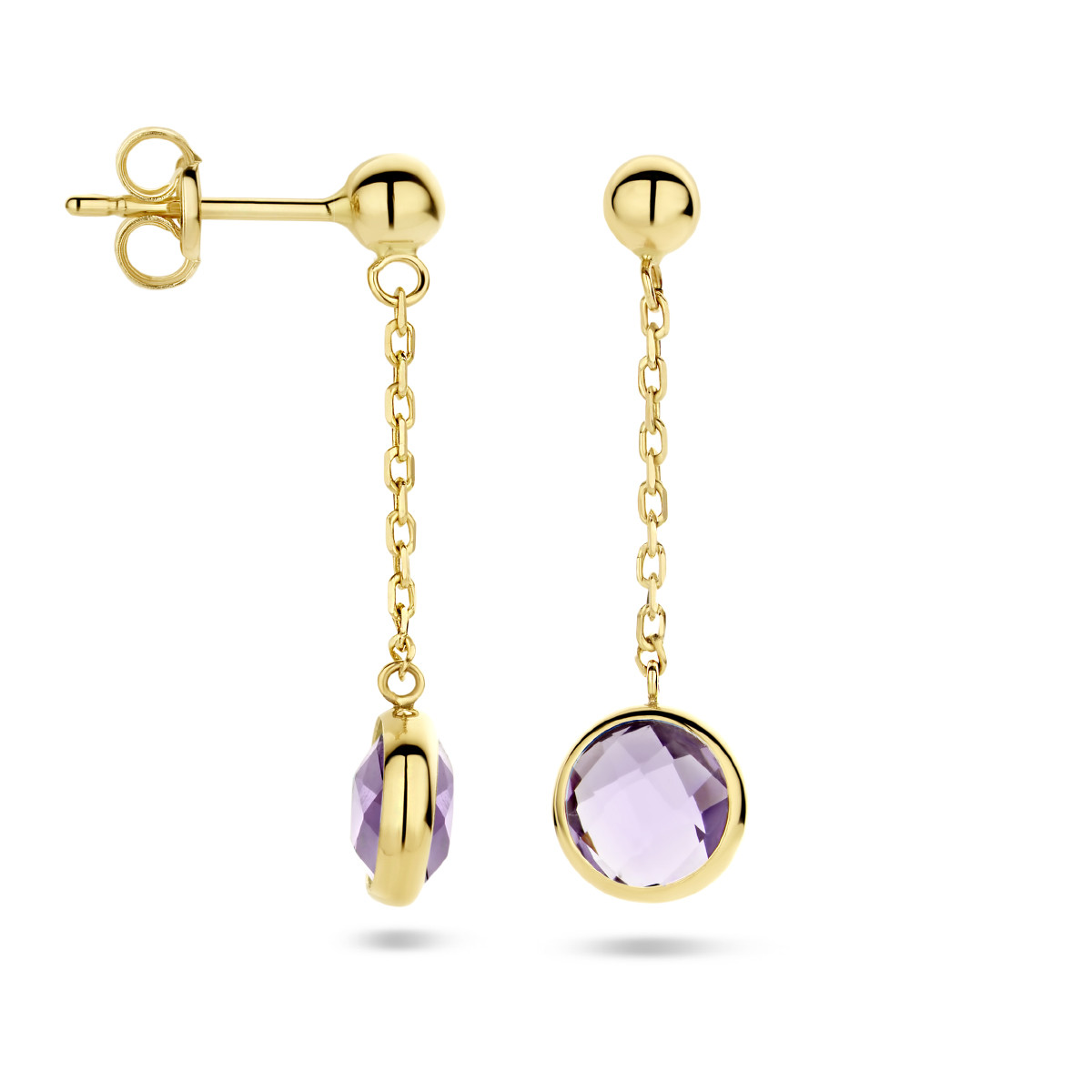 Gouden ronde oorhangers met schakel en ronde paarse amethist - 6.5 mm x 24 mm
