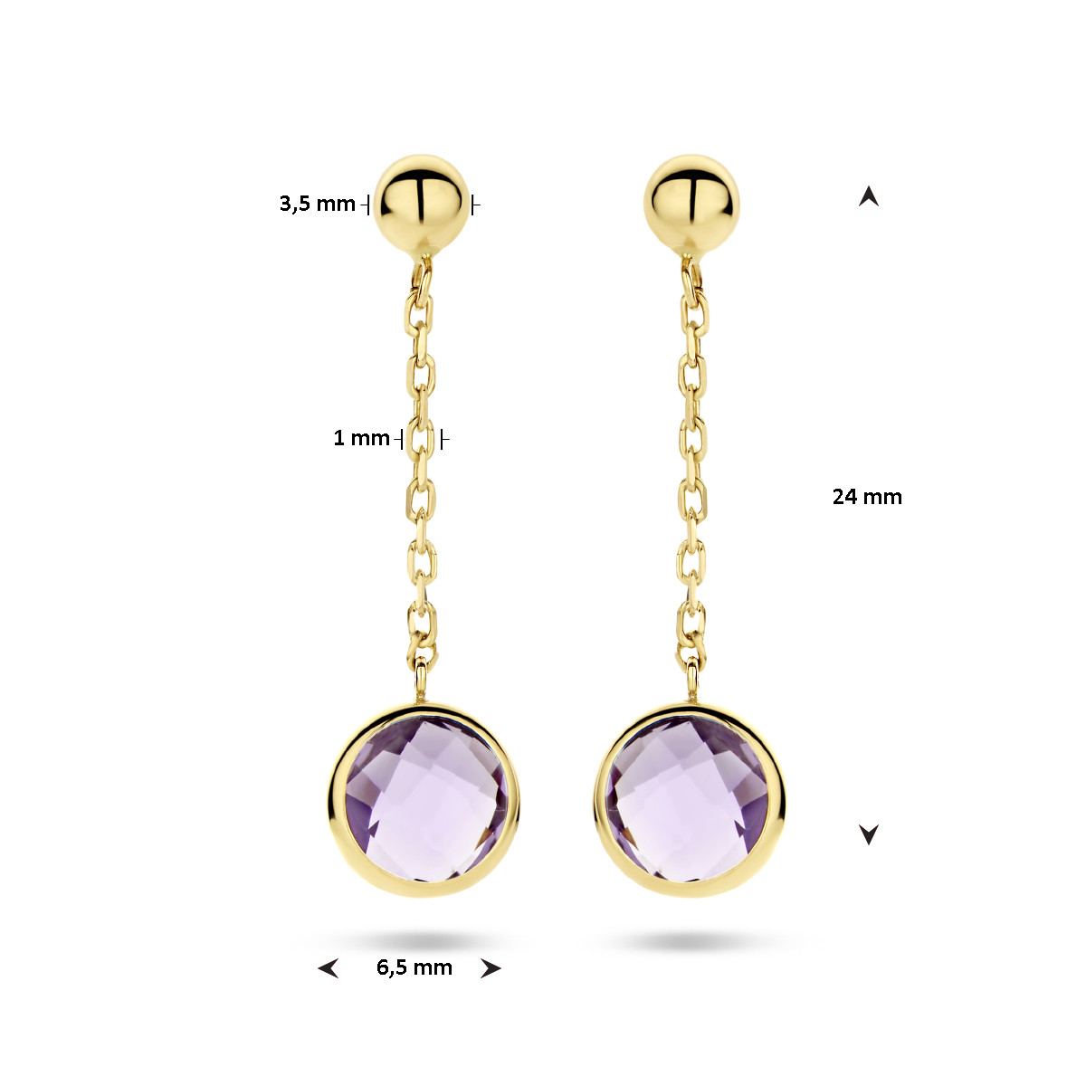 Gouden ronde oorhangers met schakel en ronde paarse amethist - 6.5 mm x 24 mm
