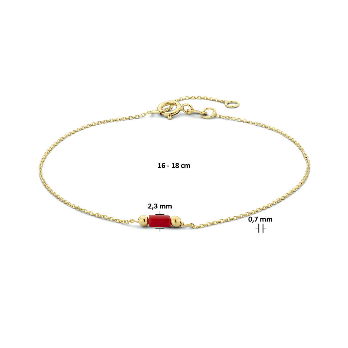 Gouden schakelarmband met koraalsteen 2.3 mm breed - Lengte 16-18 cm