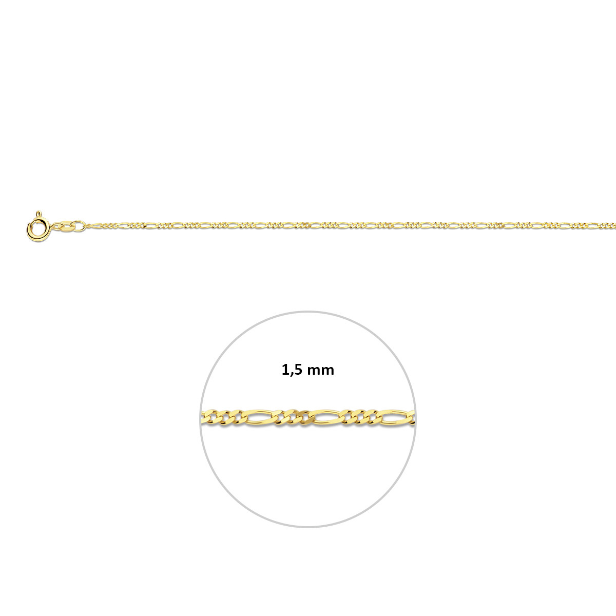 Gouden schakelketting met figaro schakels glanzend afgewerkt 1.5 mm breed - Lengte 42 cm