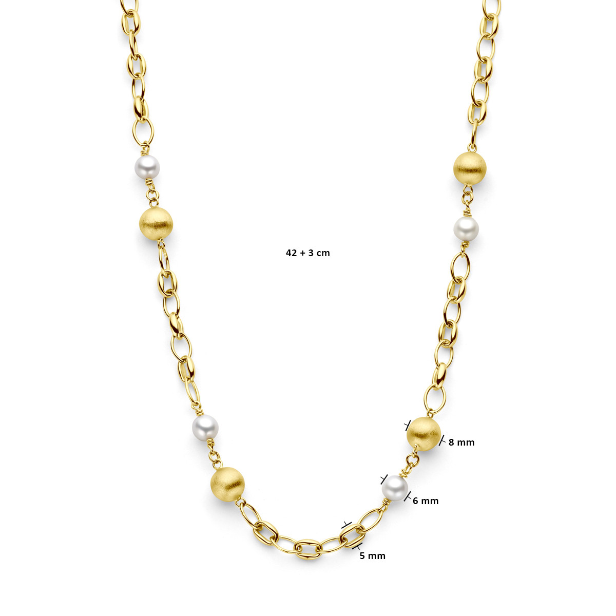 Gouden schakelketting met gouden bolletjes en parels - Lengte 42-45 cm