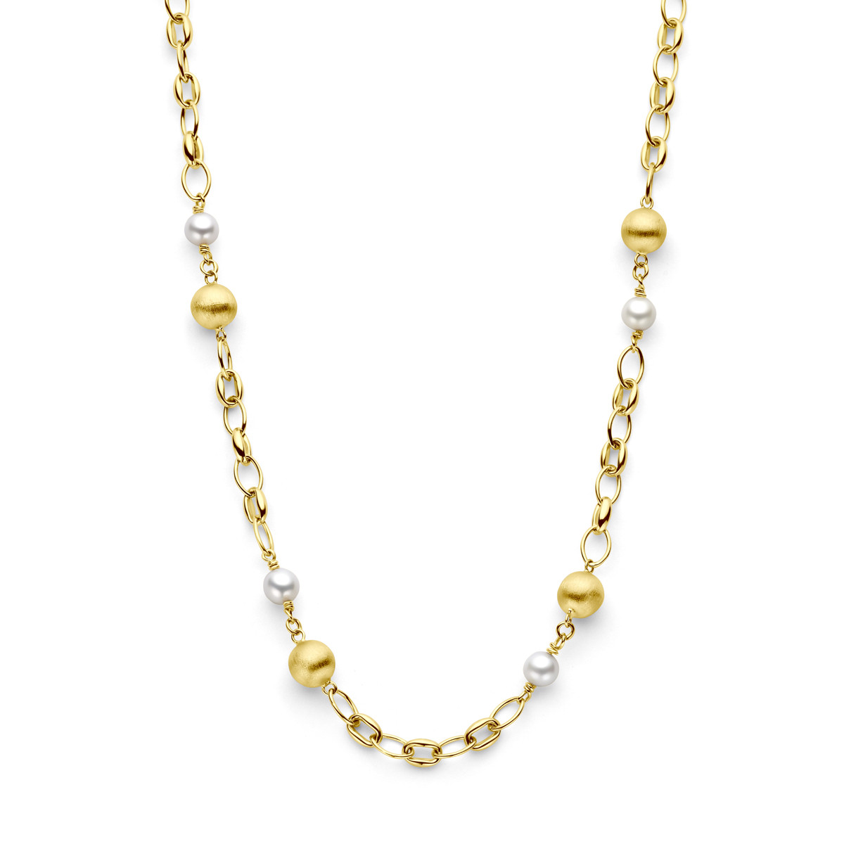 Gouden schakelketting met gouden bolletjes en parels - Lengte 42-45 cm