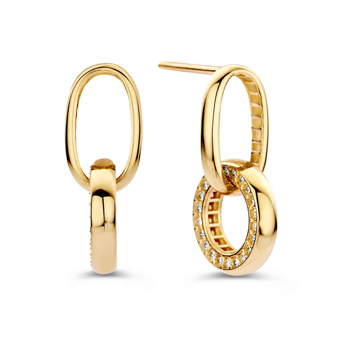Gouden schakeloorbellen met ovale en ronde schakel met zirkonia stenen - Hoogte 20 mm