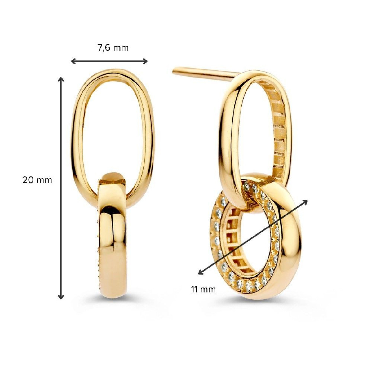 Gouden schakeloorbellen met ovale en ronde schakel met zirkonia stenen - Hoogte 20 mm