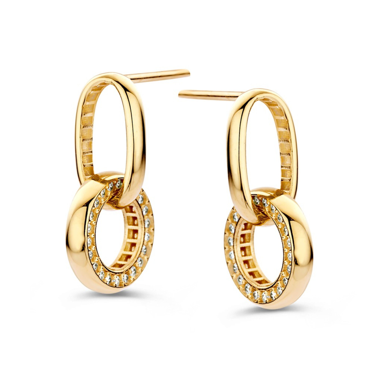 Gouden schakeloorbellen met ovale en ronde schakel met zirkonia stenen - Hoogte 20 mm