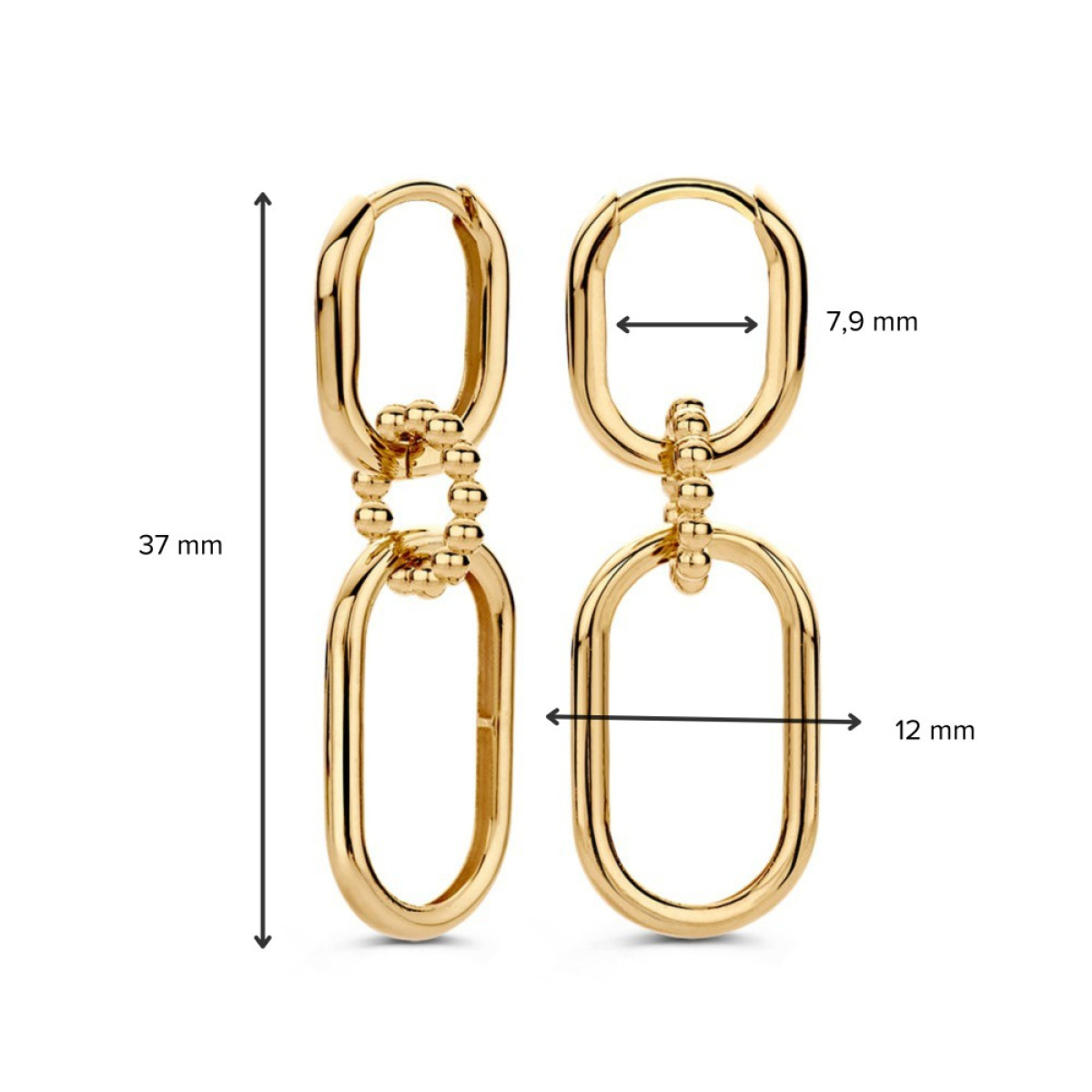 Gouden schakeloorbellen met paperclipschakels en bolletjes - Hoogte 37 mm