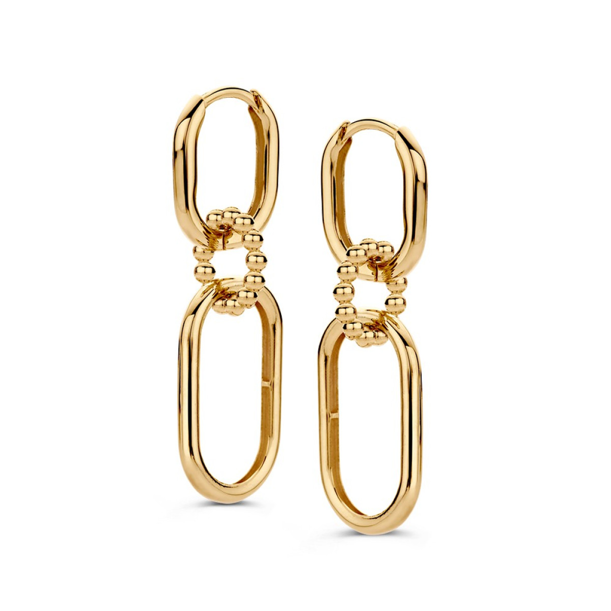 Gouden schakeloorbellen met paperclipschakels en bolletjes - Hoogte 37 mm