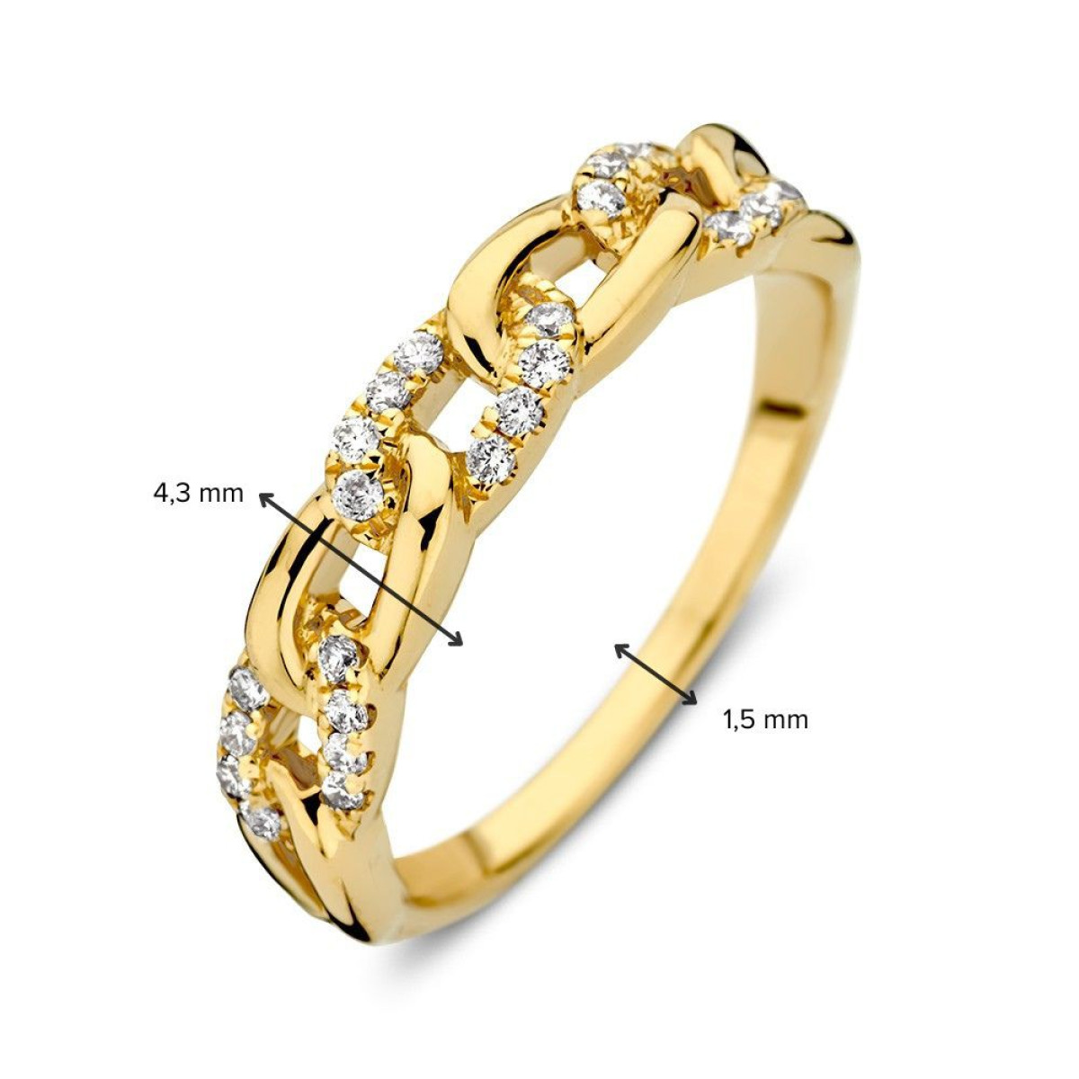 Gouden schakelring met glanzende en diamanten schakels 0.19 crt