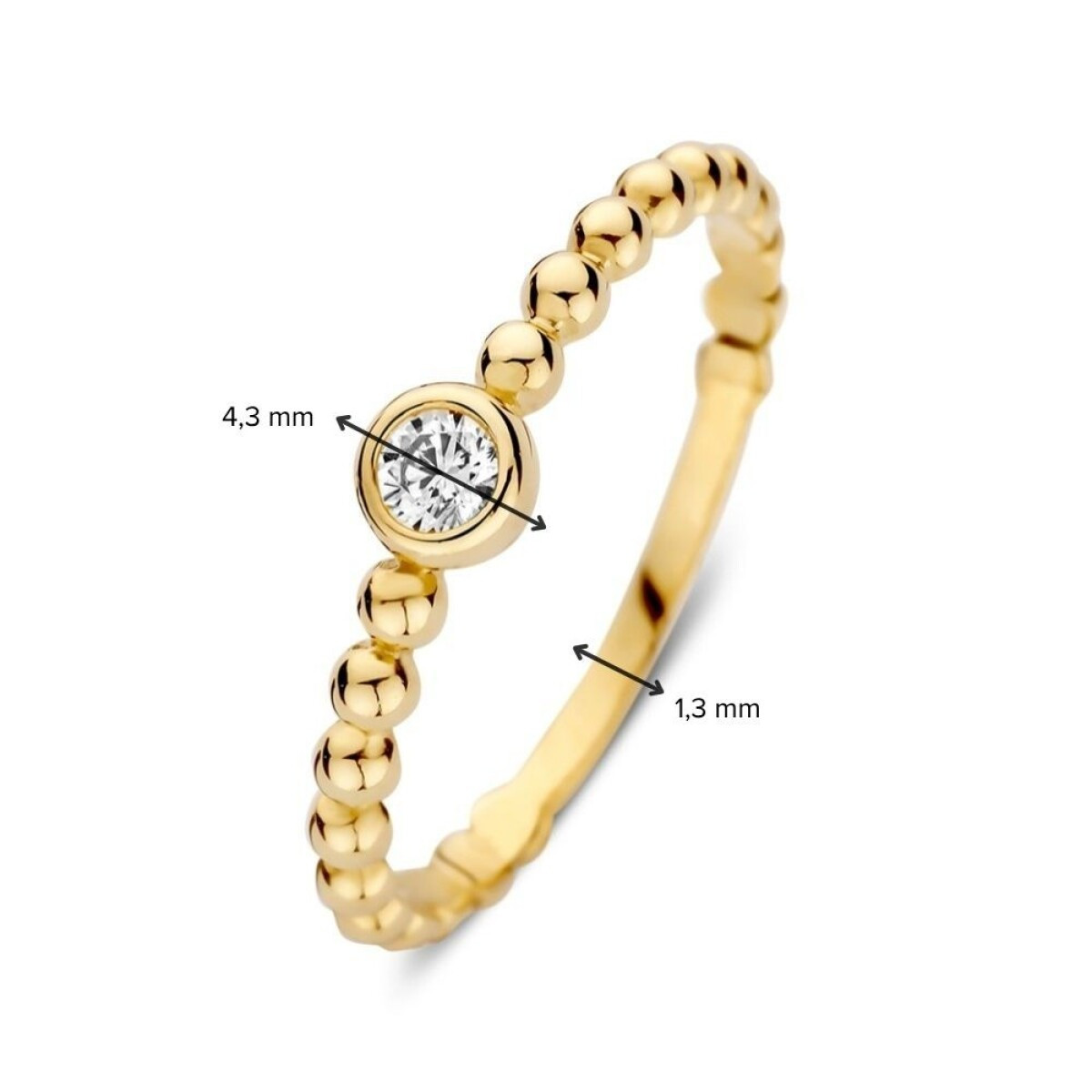Gouden solitair ring met bolletjes en briljant geslepen zirkonia 4.3 mm breed