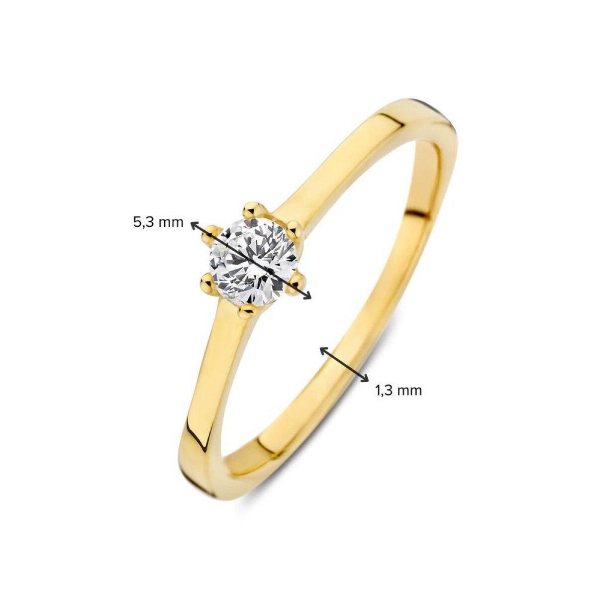 Gouden solitair ring met briljant geslepen transparante zirkonia 5.3 mm breed