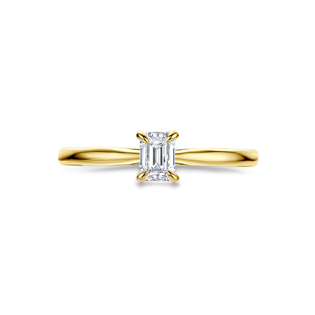 Gouden solitair ring met emerald geslepen lab grown diamant 0.50 crt 6 mm breed