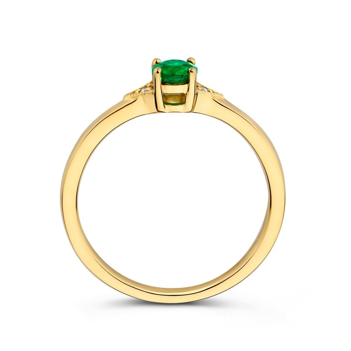 Gouden solitair ring met groene ronde smaragd en diamanten 0.02 crt 4 mm breed