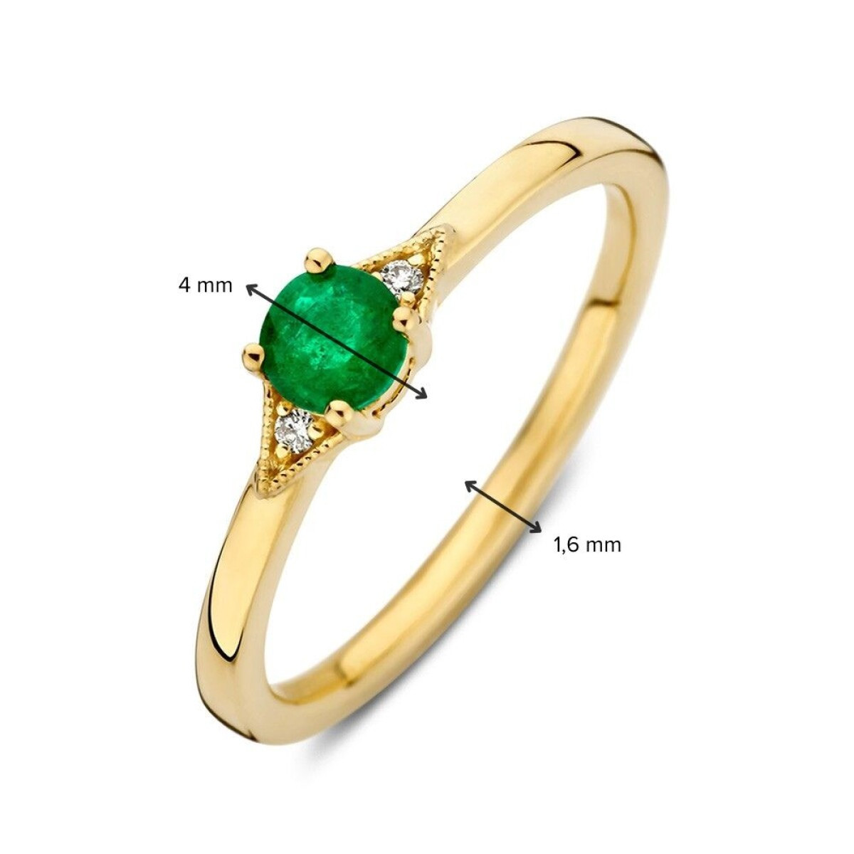 Gouden solitair ring met groene ronde smaragd en diamanten 0.02 crt 4 mm breed