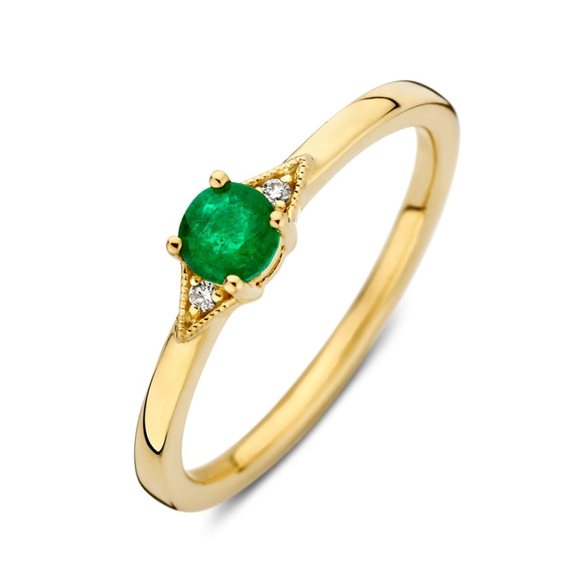 Gouden solitair ring met groene ronde smaragd en diamanten 0.02 crt 4 mm breed