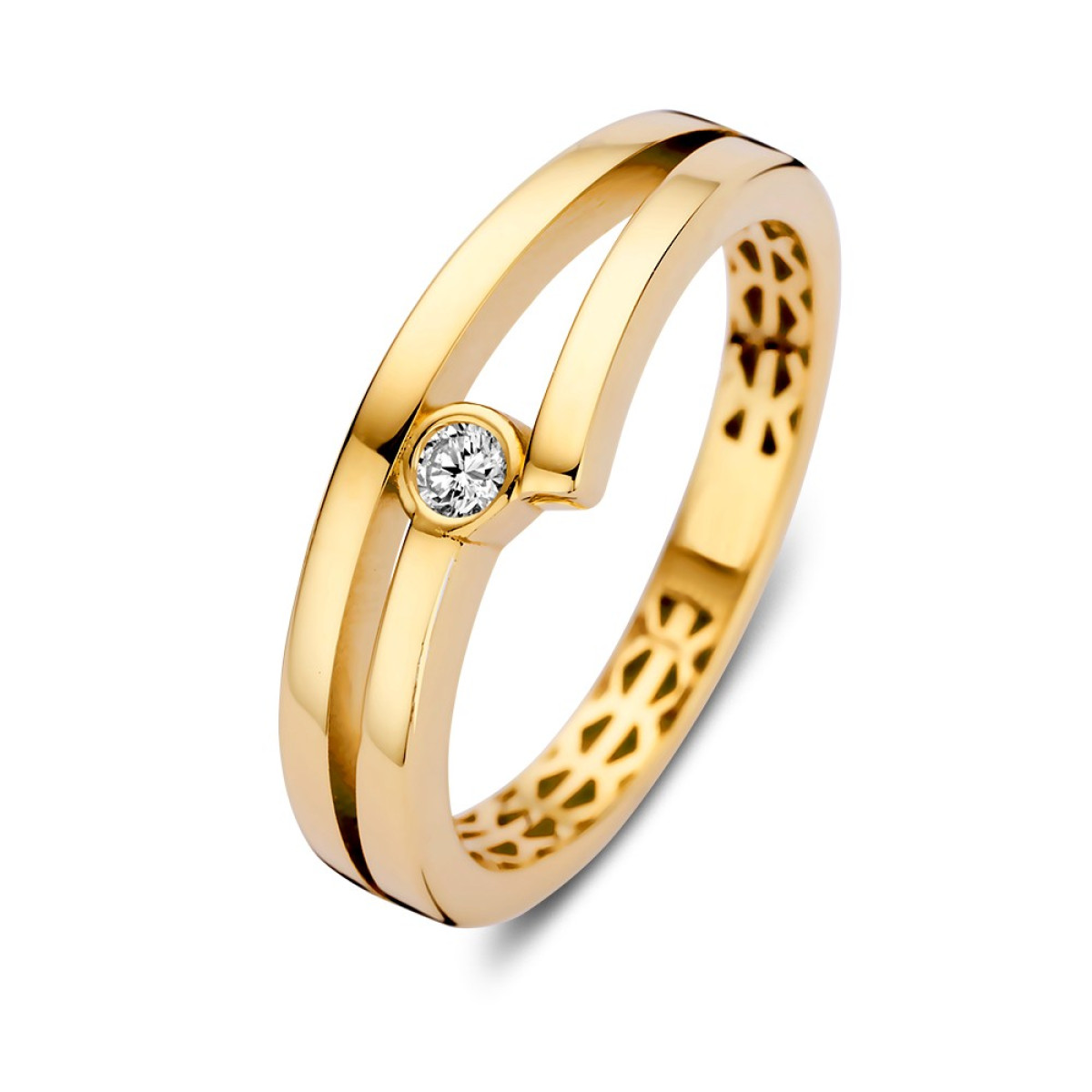 Gouden solitair ring met twee banen en transparante zirkonia