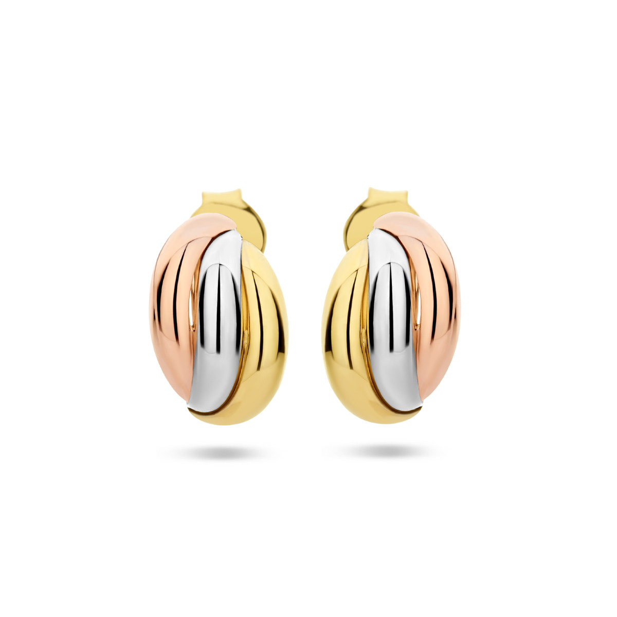 Gouden stekercreolen drie kleuren goud 7.5 mm breed - Diameter 11.5 mm