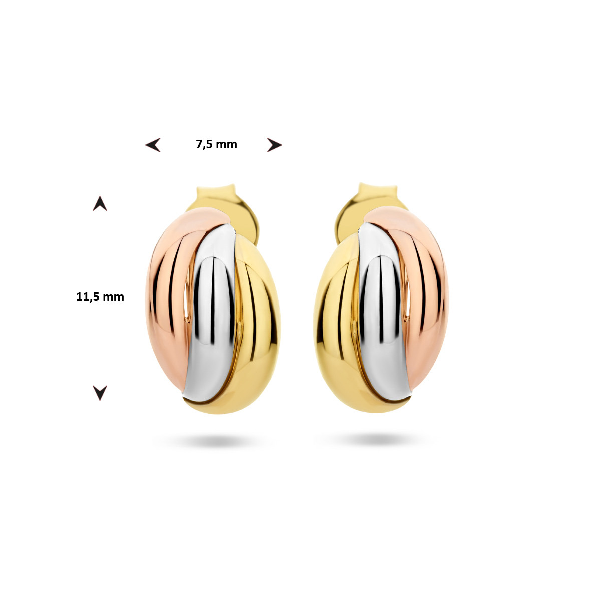 Gouden stekercreolen drie kleuren goud 7.5 mm breed - Diameter 11.5 mm