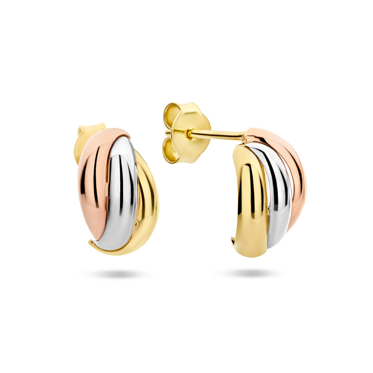 Gouden stekercreolen drie kleuren goud 7.5 mm breed - Diameter 11.5 mm