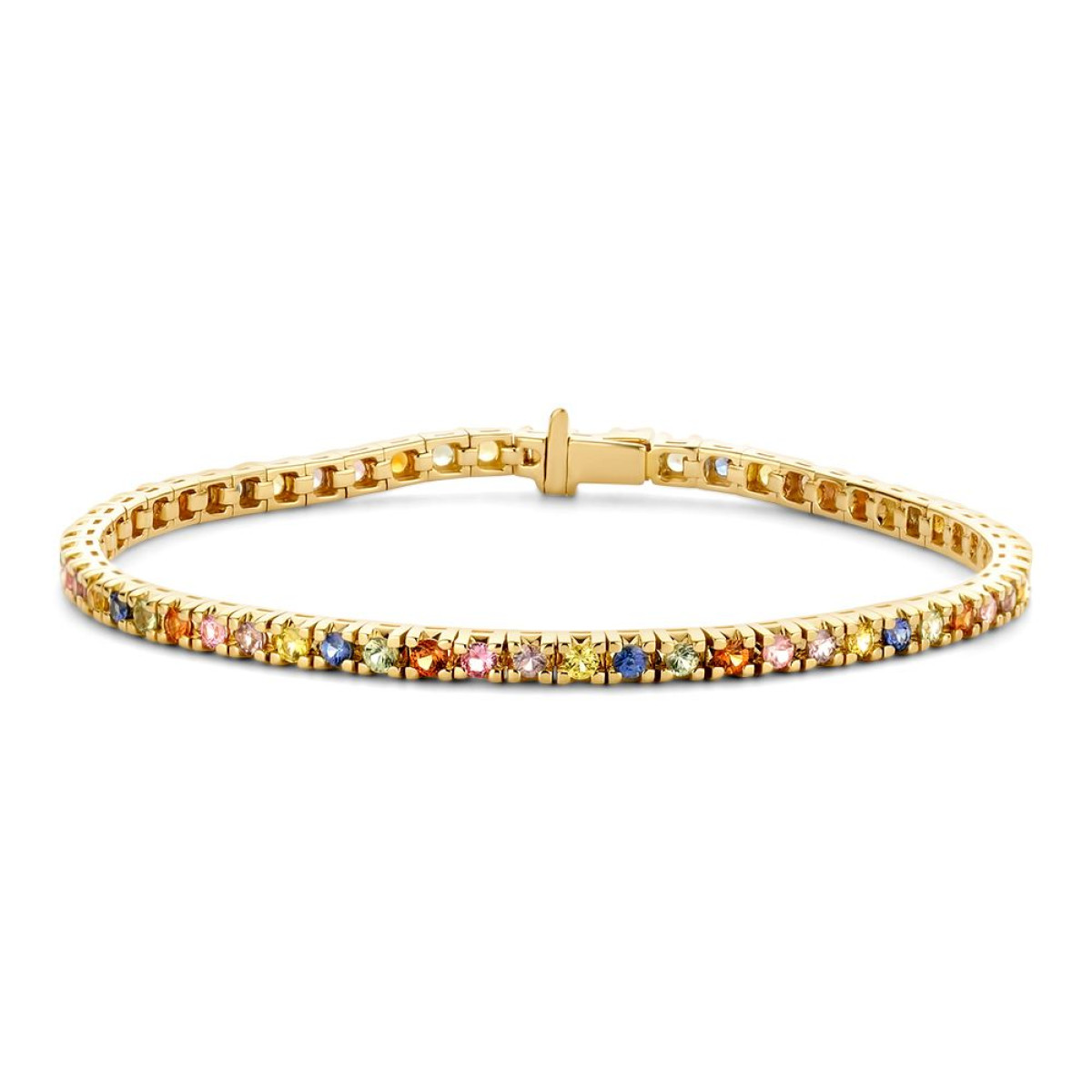 Gouden tennisarmband prachtig gekleurd saffier rondom 3.65 crt